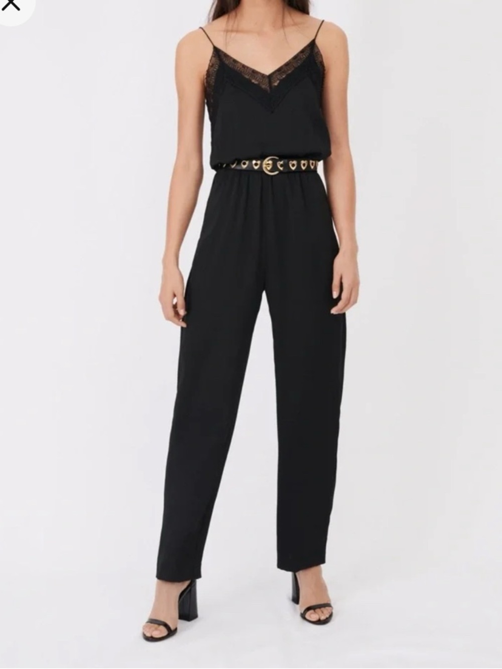 Maje Paulie Satin Jumpsuit Black Lace Trim Sleeveless Straight Leg Dressy S